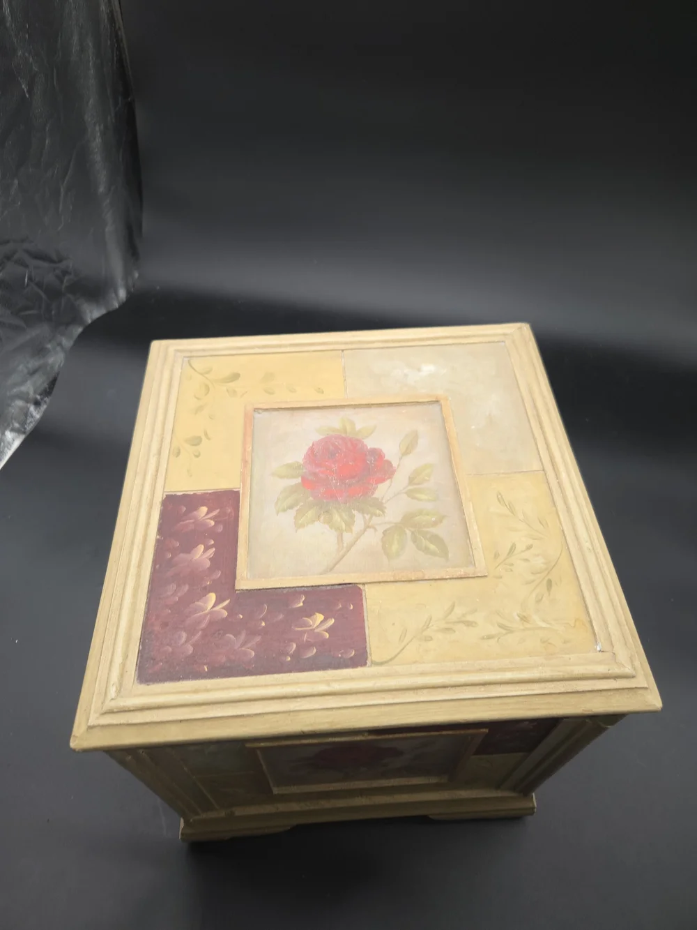 French Country Painted Wood 13 Inch Tall Jewelry Storage Box Chest Red Rose